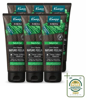 Immagine prodotto di 6 flaconi di gel doccia 2-in-1 Kneipp Men, linea Nature Feeling, da 200 ml ciascuno. Confezione da 6 pezzi