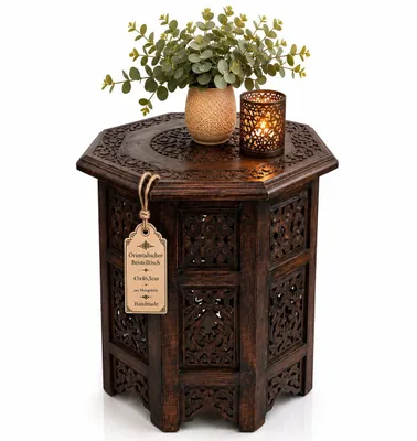 Produktbild von Orientalischer Beistelltisch Ø 42,5cm H 47cm aus Mango Massivholz braun handgeschnitzt | Handmade Couchtisch Vintage Sofatisch