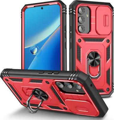 Immagine prodotto di Custodia per Samsung Galaxy A54 protezione fotocamera scorrevole, resistente agli urti, con supporto ad anello, supporto e porta carte di credito Rosso