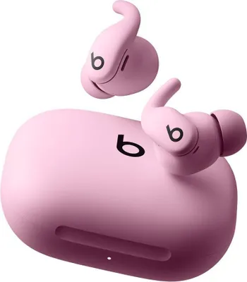 A pair of pink wireless earbuds and their charging case are shown against a white background.