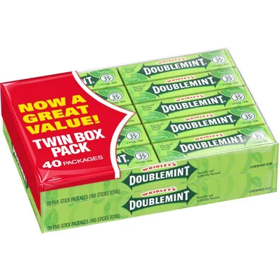 Produktbild von Wrigley's Doublemint Kaugummi – 5er-Pack (Packung mit 40) – Frischer Minzgeschmack – 200 Streifen – Zuckerfreier Kaugummi