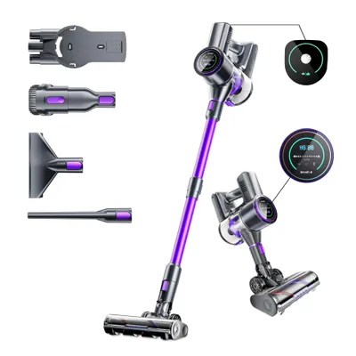 A cordless vacuum cleaner with various attachments and digital displays, presented against a white background.