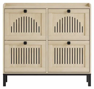 Immagine prodotto di Armadietto stretto per scarpe con 4 ante a ribalta, frontali decorati, e ripiano per 24-32 paia di scarpe. Realizzato in legno naturale/rovere