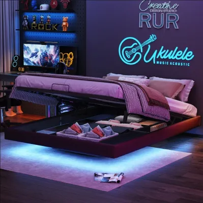 Produktbild von CDGlobal Polsterbett mit LED, hydraulisches Boxspringbett 160x200cm mit Lattenrost und Stauraum, Doppelbett Holzbett Jugendbett Kunstleder, Grau
