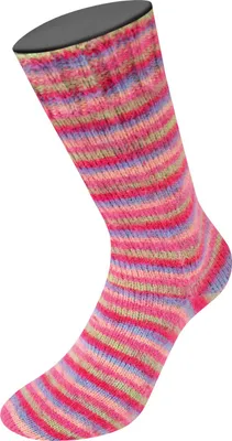 Produktbild von Lana Grossa Meilenweit 100 g COSY SOCKS Multi Stripes 400 m Flauschige Merino-Sockenwolle Farbe 152 - Tulpenrot/Veilchenblau/Lachsrosa/Pink/Hellgrün
