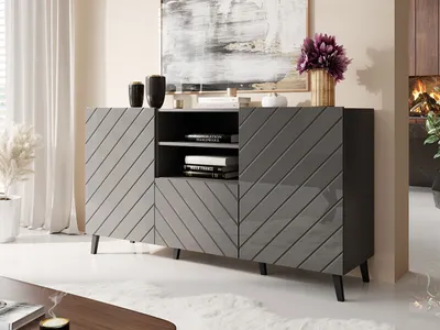 Produktbild von MIRJAN24 Kommode Abeto, Stilvoll Highboard mit 2 Türen und Schublade, Modern Wohnzimmer Sideboard (Farbe: Graphit / Graphit Hochglanz)