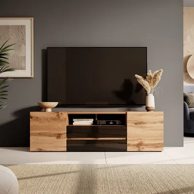 Produktbild von TV Schrank SOUND Wohnzimmer Lowboard RTV Medienmöbel (Eiche Wotan + Schwarz)