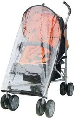 A clear studio shot of a stroller with a rain cover.
