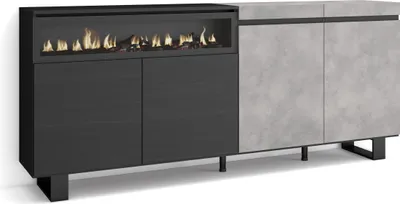 Immagine prodotto di COZY Credenza, Mobile, Cucina, 200x35x87cm, 4 Porte, Camino elettrico, Cemento