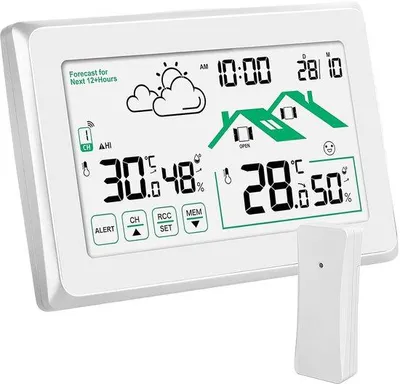 Zdjęcie produktu dla Bezprzewodowa stacja pogodowa z czujnikiem zewnętrznym, prognoza pogody, termometr, wyświetlacz LCD dotykowy, radiobudzik DCF, pomiar temperatury i wilgotności wewnątrz i na zewnątrz