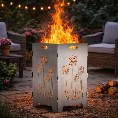 Produktbild von TiKo-Design Feuerkorb mit Pusteblumen-Motiv, 4- fach Laserung, Zerlegbar, Gartendekoration, Feuerkorb & Sitzgelegenheit in einem