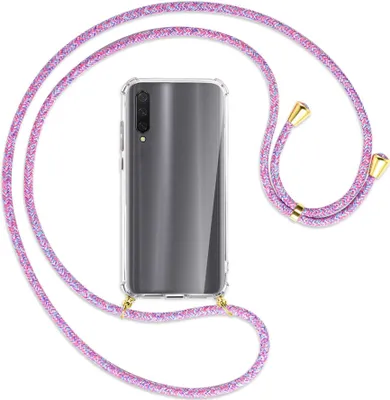 Produktbild von Handykette Backcover-Schutzhülle mit Band (Metall goldfarben) für Xiaomi Mi 9 Lite / CC9 - lila/rosa/blau