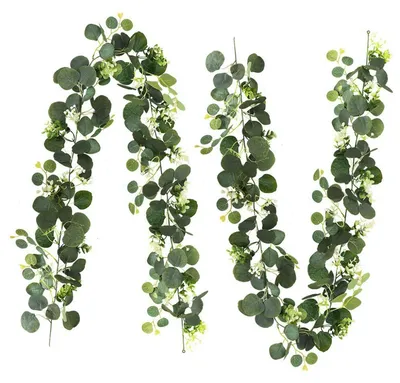 Produktbild von Künstlicher Eukalyptuskranz, 1,8 m lang, wunderschöner künstlicher Eukalyptus-Dekorationskranz, dekorativer Blumenkranz, Tischkranz, hängende Blätter für Hochzeiten, Bögen, Gärten, drinnen/draußen