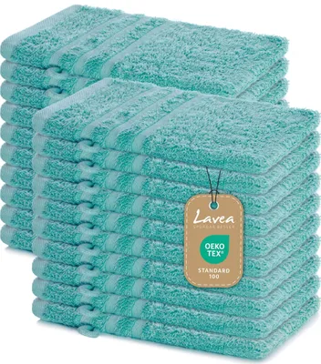 Produktbild von Lavea® 20er Waschhandschuh Set Elena, 100% Baumwolle Frottee, Waschlappen saugstark & weich, für Körper und Gesicht, 60 °C, trocknergeeignet, Türkis, 15 x 21 cm