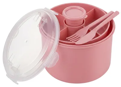 Runde Lunchbox mit Besteck, Dressingbecher, 1300 ml, BPA-frei, rosa