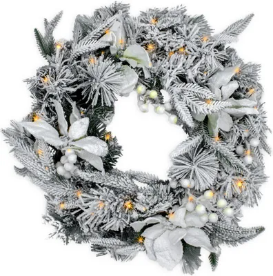 Immagine prodotto di Ghirlanda di abete con neve e fiori bianchi - illuminata a 35 LED / batteria / timer - dimensioni circa Ø 61 cm (HSW20-61)