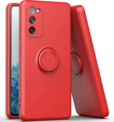 A red phone case with a ring holder is shown from the front and side.