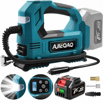 Produktbild von Akku-Luftkompressor 21V 4,0Ah, 150 PSI Reifenfüller mit Auto-Stopp, 12V Kfz-Anschluss, LED, SOS, für Auto, Motorrad & Fahrrad