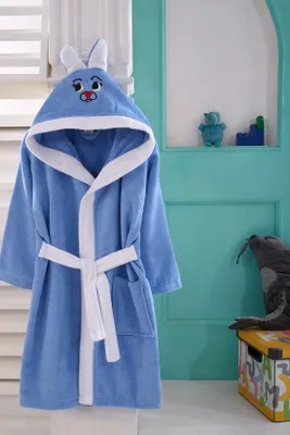 Productafbeelding van Sns Kinderbadjas met capuchon, konijnenmotief, katoen, blauw-wit, maat 110
