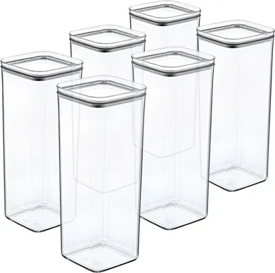 A set of six clear, square food storage containers with silver lids, arranged in a staggered formation on a white background.