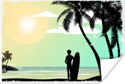 Produktbild von MuchoWow® Poster Strand - Palme - Sonne - Surfbrett 180x120 cm - Fotoplakat