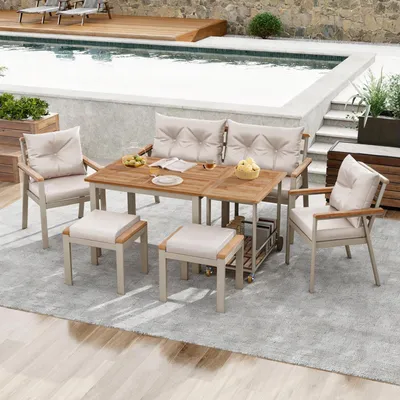 Image de Ensemble table et chaises en bois d'acacia – Mobilier de jardin pour 6 à 7 personnes, avec chariot de service amovible et housses en tissu lavables, ensemble de mobilier de terrasse