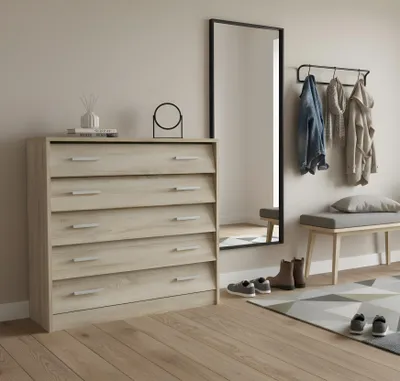 A hallway or entryway scene featuring a chest of drawers, a mirror, a bench, and a coat rack.