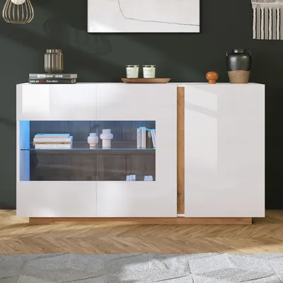 Image de Sweiko Sideboard Commode brillante, panneau de particules blanc avec verre, socle en bois, commode armoire couloir 138x38x90,5cm