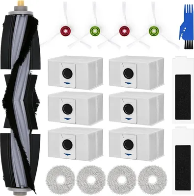 A collection of vacuum cleaner accessories, including a main brush, dust bags, mop cloths, side brushes, and a cleaning tool, arranged on a white background.