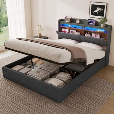 Zdjęcie produktu dla Łóżko tapicerowane UnboxG, 140x190 cm, z pojemnikiem na pościel, zagłówkiem z półką, oświetleniem LED, 2 gniazdkami USB i typu C, funkcją koncentratora, w kolorze szarym, imitującym len, rama łóżka