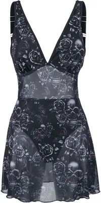 Produktbild von Black Premium by EMP Damen schwarzer Badeanzug mit Totenkopf und Rosen Allover Print XXL