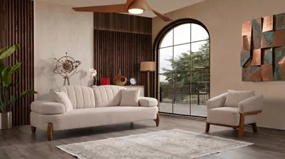 Zdjęcie produktu dla Komplet wypoczynkowy do salonu w kolorze beżowym: dwuosobowa sofa, fotel, sofę obita tkaniną, nowoczesny, wysokiej jakości
