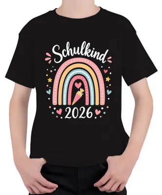 Produktbild von Schulkind 2026 Einschulung Regenbogen Schultüte Grundschule Boho Kinder T-Shirt, Schwarz, 128