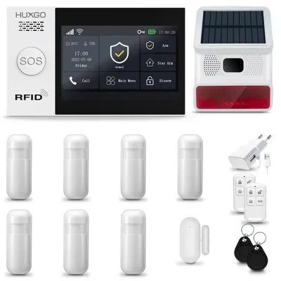 Produktbild von HUXGO HXA007 Alarmanlage Haus WiFi + GSM 2G mit Funk Sirene, Alarm System mit 7x Bewegungssensor und 1x Tür-Fenstersensor, Alarmanlage für Wohnung, Haus, Garage, Tuya Smartlife App