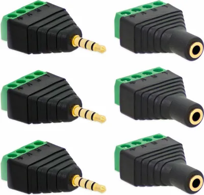 Produktbild von 3X Klinken Buchsen + 3X Stecker 3,5mm Adapter > Terminalblock 4 Pin Schraub Klemme Set