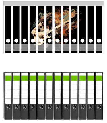 Produktbild von Wallario 12 Stück schmale Ordner inkl. Klebeetiketten mit Motive Gitarrensolo -  Set mit Rückenschildern / Ordnerrücken Stickern