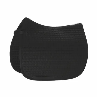 A black saddle pad is shown against a white background.