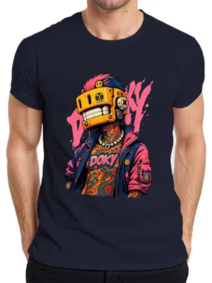 Produktbild von Doky Cyberpunk Roboter Maske Tattoo Drache Urban Japan Y2K Retro Herren T-Shirt, Navy, M