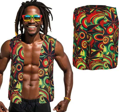 Imagen del producto de Chaleco de carnaval Rastafari. Diseño colorido. Ideal para fiestas temáticas de carnaval, fiestas de disfraces de reggae. Diversión garantizada. Talla: 52 - 54 (L). Color: Multicolor