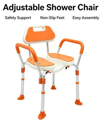 Produktbild von Duschstuhl - Badestuhl für Senioren - 6-fach höhenverstellbar - Rücken- und Armlehnen - Ohne Polsterung - Metallrahmen - Rutschfeste Gummifüße - Orange