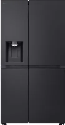 A front view of a black LG side-by-side refrigerator with a water dispenser.