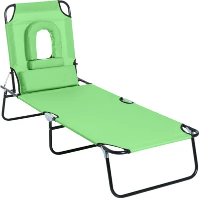 Produktbild von Sonnenliege klappbar, Gartenliege mit Lesefenster, Kopfkissen und 4-Fach verstellbarer Rückenlehne, wetterfeste Campingliege bis 120 kg, ideal für Garten, Strand und Pool, , Grün