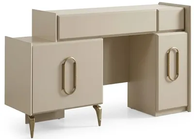 Image de Table de coiffure élégante, blanche et dorée, en bois et métal, table de maquillage de luxe