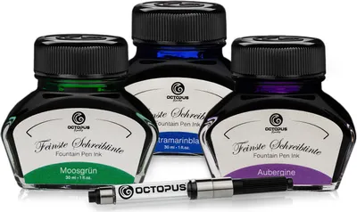Produktbild von 3 x 30 ml Octopus Schreibtinte mit Tinten-Konverter, Moosgrün, Ultramarinblau und Aubergine