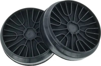 Two black circular carbon filters for a range hood, presented side-by-side.
