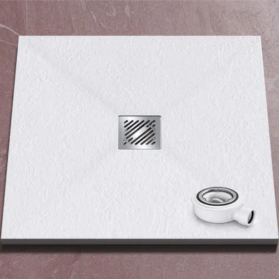 Produktbild von doporro Duschwanne Duschtasse 80x80x3cm aus Mineralguss in Weiß Quadratisch DIN-Anschlüsse für bodenebene Montage geeignet inkl. Ablaufgarnitur AL006 Geoma 09