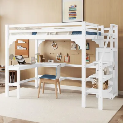 Image de Merax Lit superposé 140x200cm, avec bureau en L, armoire ouverte, escalier de rangement, lit d'enfant en pin, lit superposé, blanc