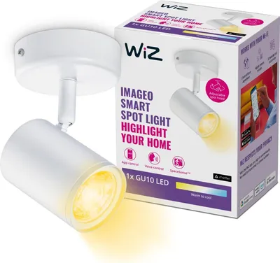 Produktbild von WiZ IMAGEO 1 x einstellbarer Spot, Intelligente Deckenbeleuchtung, Wi-Fi/Bluetooth, Weiß, Wi-Fi 4 (802.11n), 802.11b, 802.11g, LED, Metall