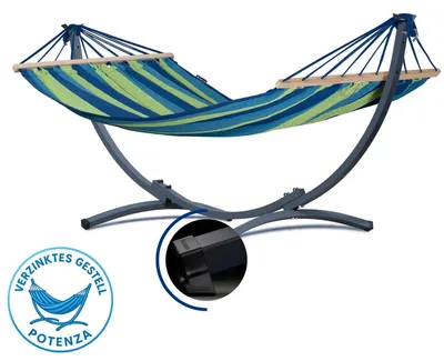 Produktbild von Potenza Hängematte mit Verzinkter Gestell I Stabiler Rahmen 200kg - 250cm Balkon I Stabhängematte 200x120cm I Indoor Outdoor Garten Pool Terrasse Stahl