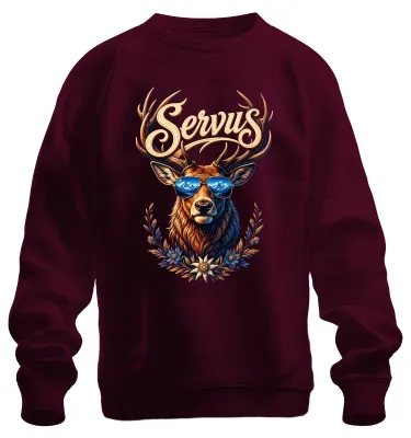 Imagen del producto de Servus, gafas de sol con diseño de cuernos de ciervo, Edelweiss, pantalones de cuero alpinos, sudadera, jersey, color burdeos, talla S